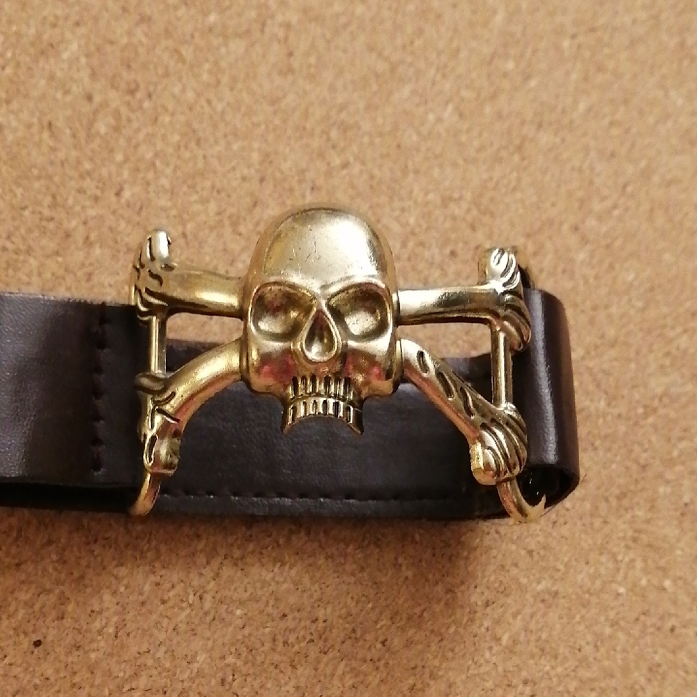 Gold Skull on Brown Leather  Adjustable Velcro Unisex Bracelet